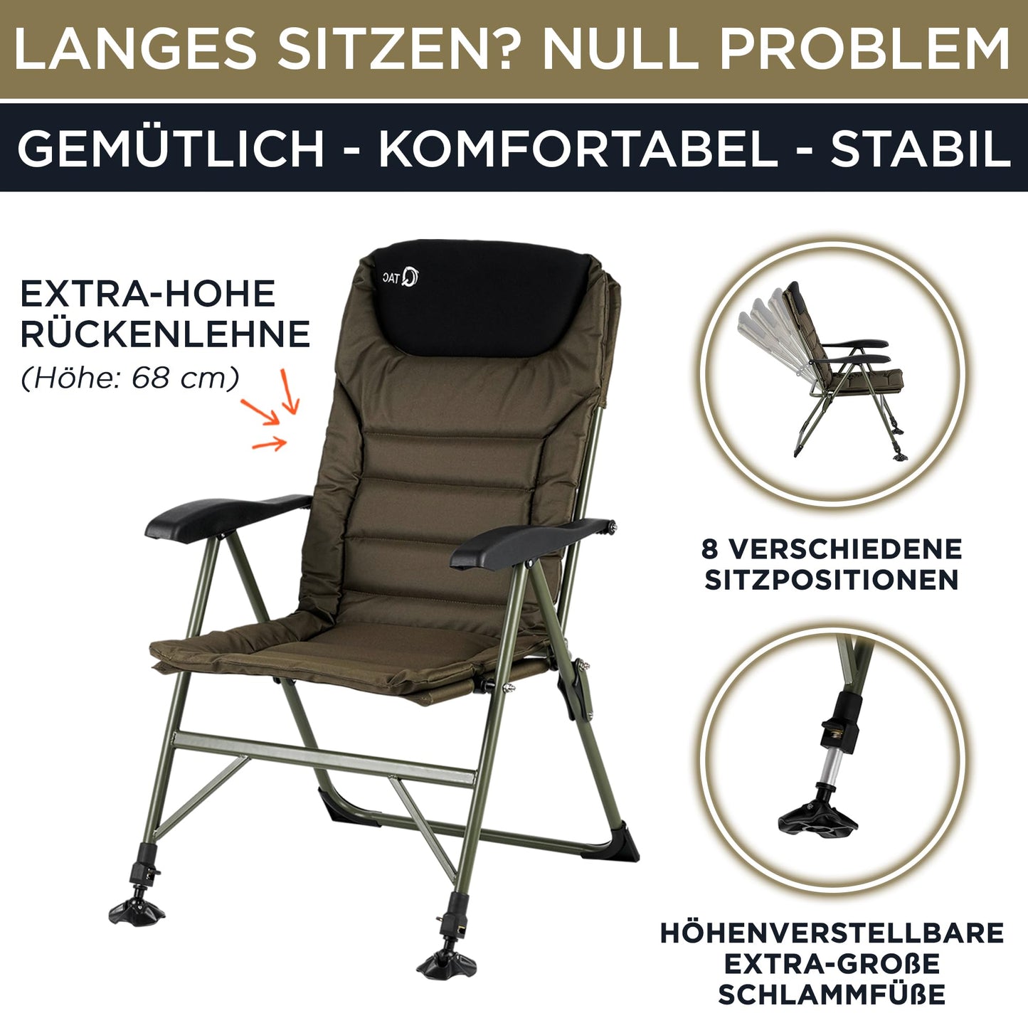 Q-Tac fishing chair 150 kg [Sturdy, comfortable & durable] Carp chair foldable with Adjustable backrest & extra-large mud feet - Fishing chair with highest seating comfort, Angler chair, Camping chair