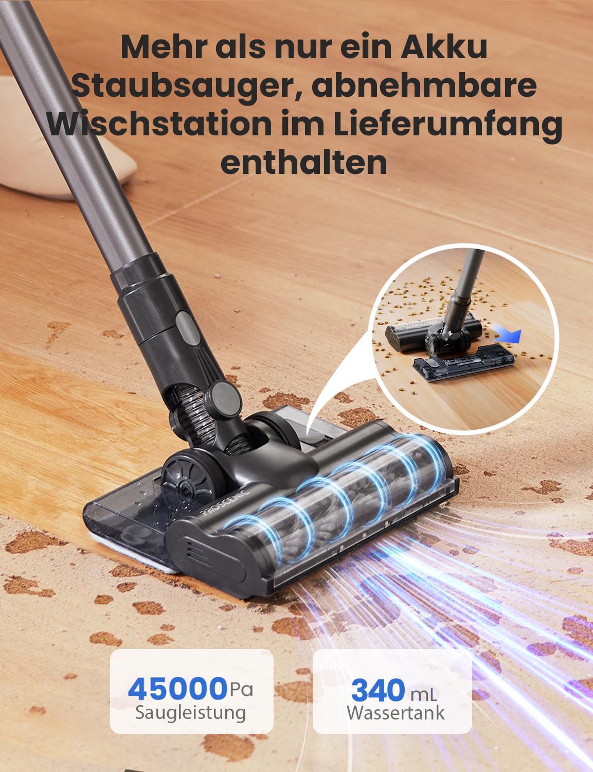 Proscenic P11 Cordless Vacuum Cleaner with Mopping Function, 45KPA-550W-60Min Battery Vacuum Cleaner, Vacuuming and Mopping, Anti-Tangle for Carpet, Hard Floors, Curtains, Pet Hair