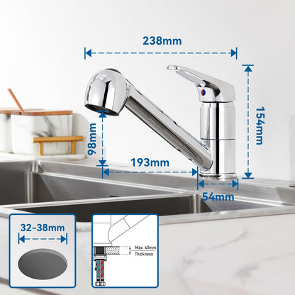 Auralum Single Lever Kitchen Faucet with 2 Spray Modes Dish Shower Tap Kitchen Pull-Out Sink Mixer Tap Faucet with 360° Swivel Chrome Single Handle Mixer Tap for Kitchen