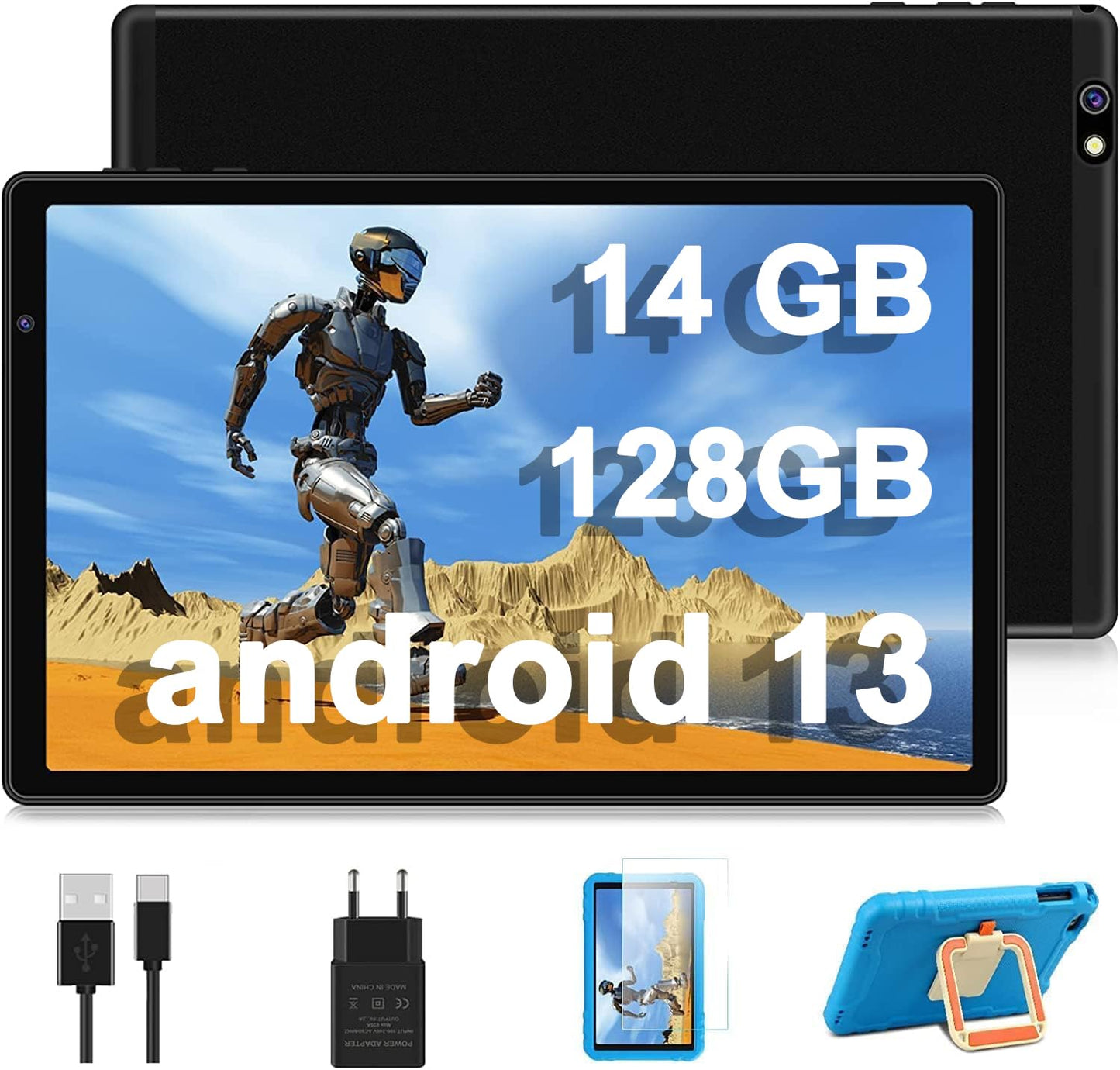 AOCWEI 10 inch Kids Tablet X500, 14GB+128GB (expandable to 512GB), Android 13, Child-Friendly Case, Octa-Core, 5GWIFI, 5MP+8MP Camera, Google GMS, 8000mAh Eva Protective Case - Blue.