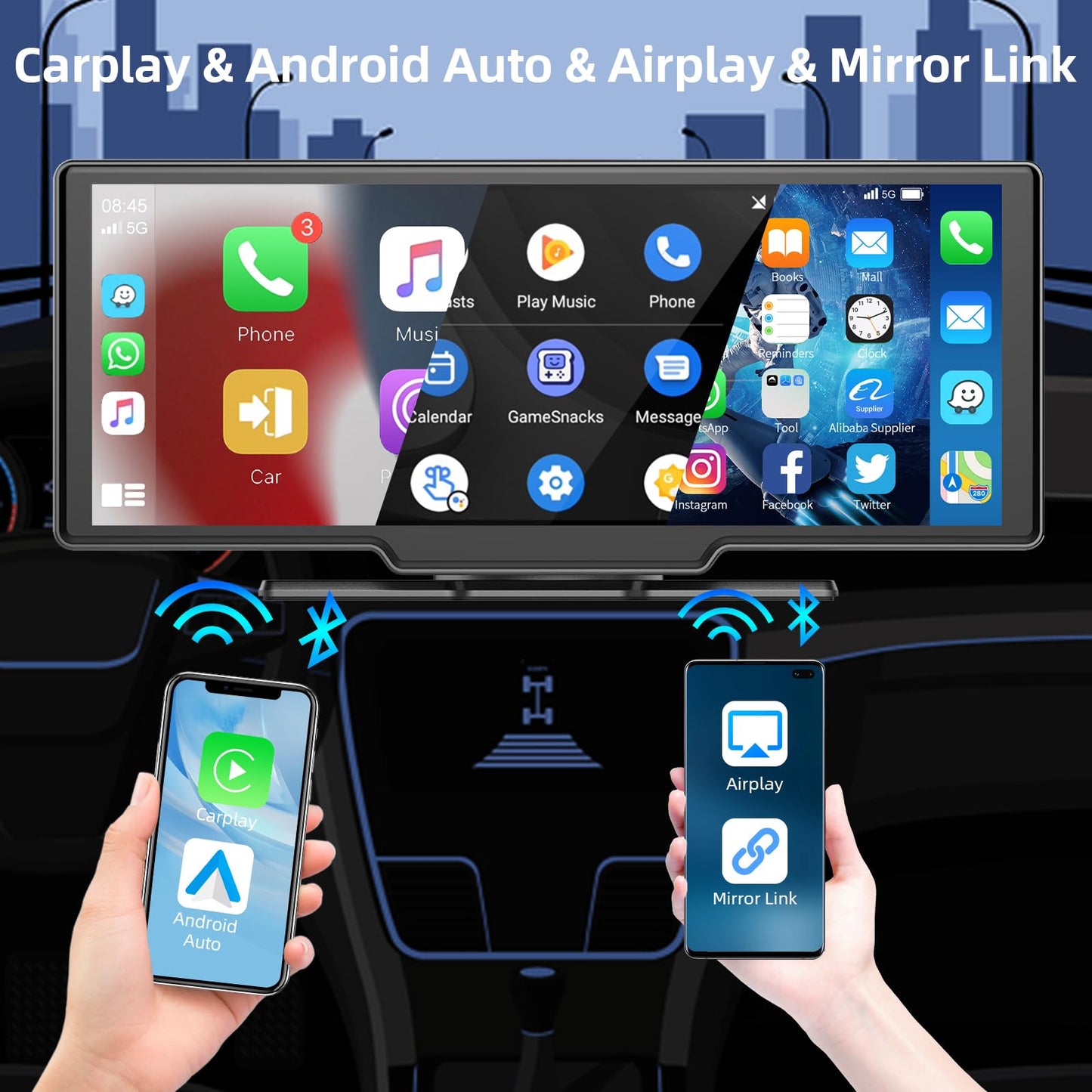 Hodozzy Car Radio Portable CarPlay Wireless Android Auto with Dashcam Front 9.3 Inch Touchscreen Display CarPlay Screen Car Bluetooth Digital Media Receiver Navigation Video Recording Rear View Camera