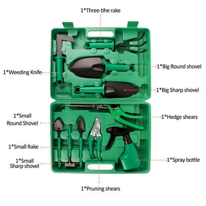 DUOJIN Garden Tool Set, 10 Piece Flower Garden Tool Set Gardening Hand Tool Gift Set, Garden Gifts for Women and Men, Including Pruning Shears and Storage Box, Garden Accessories