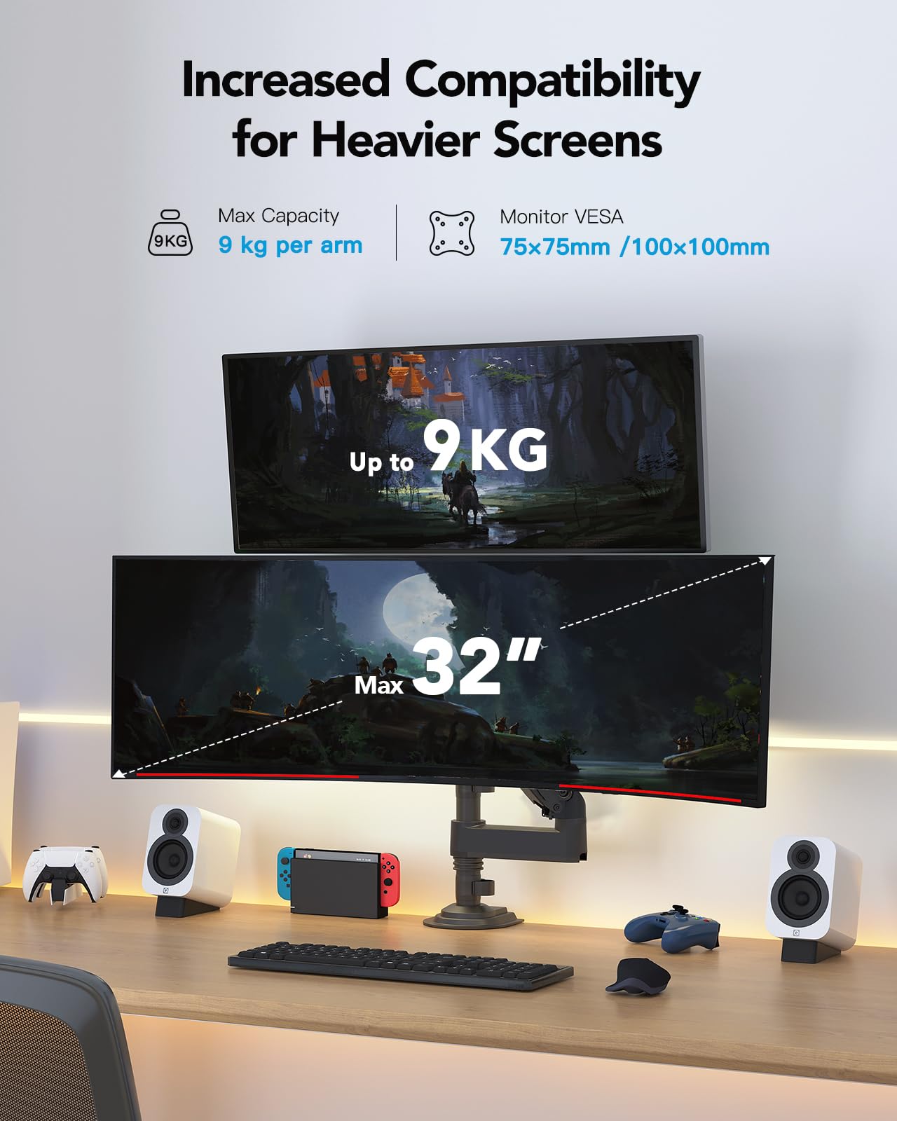HUANUO Dual Monitor Mount Stand for 13-32 Inch Screens, Dual Monitor Arm Stand with 9KG Capacity Per Arm, Adjustable Height, Tilt and Swivel, VESA 75/100mm Compatible.