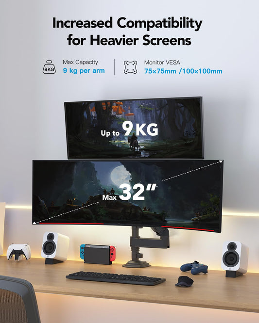 HUANUO Dual Monitor Mount Stand for 13-32 Inch Screens, Dual Monitor Arm Stand with 9KG Capacity Per Arm, Adjustable Height, Tilt and Swivel, VESA 75/100mm Compatible.