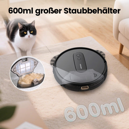 AIRROBO P25 robot vacuum cleaner with 2800 Pa suction power, suitable for pet hair, hard floors, and carpets. Compatible with Alexa and app control, with a running time of 120 minutes and a remote control.