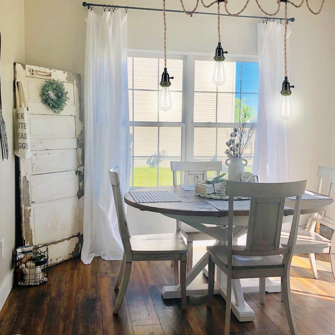 Hemp rope pendant light kit with switch and EU plug, 3 lights hanging lamp E27 socket with 8.5m textile cable vintage industrial pendant light for kitchen dining table, no bulb included.