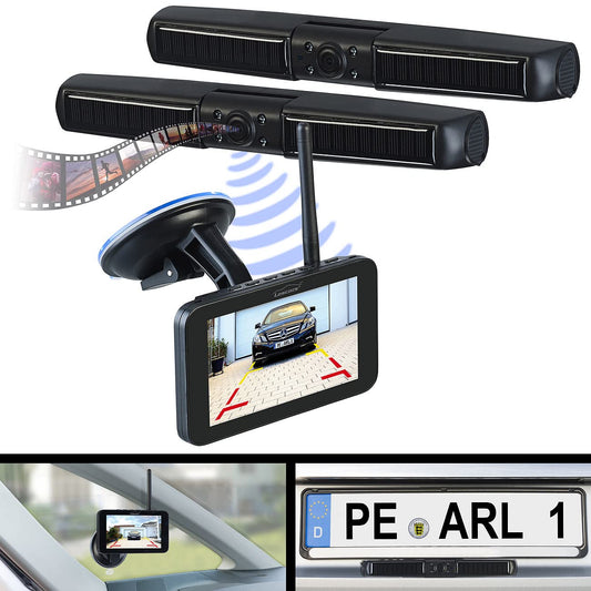 Lescars parking aid: Solar-powered front and rear camera with Full HD and 5" monitor (Solar rearview cameras with monitor, car camera, license plate set for the rear)