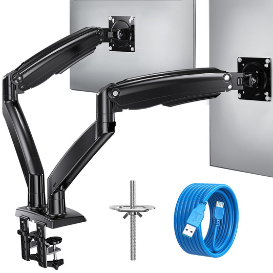HUANUO dual monitor mount for 13-40 inch screens, with gas spring arms, VESA 75 & 100mm, C-clamp and grommet base, supports 2-12kg.