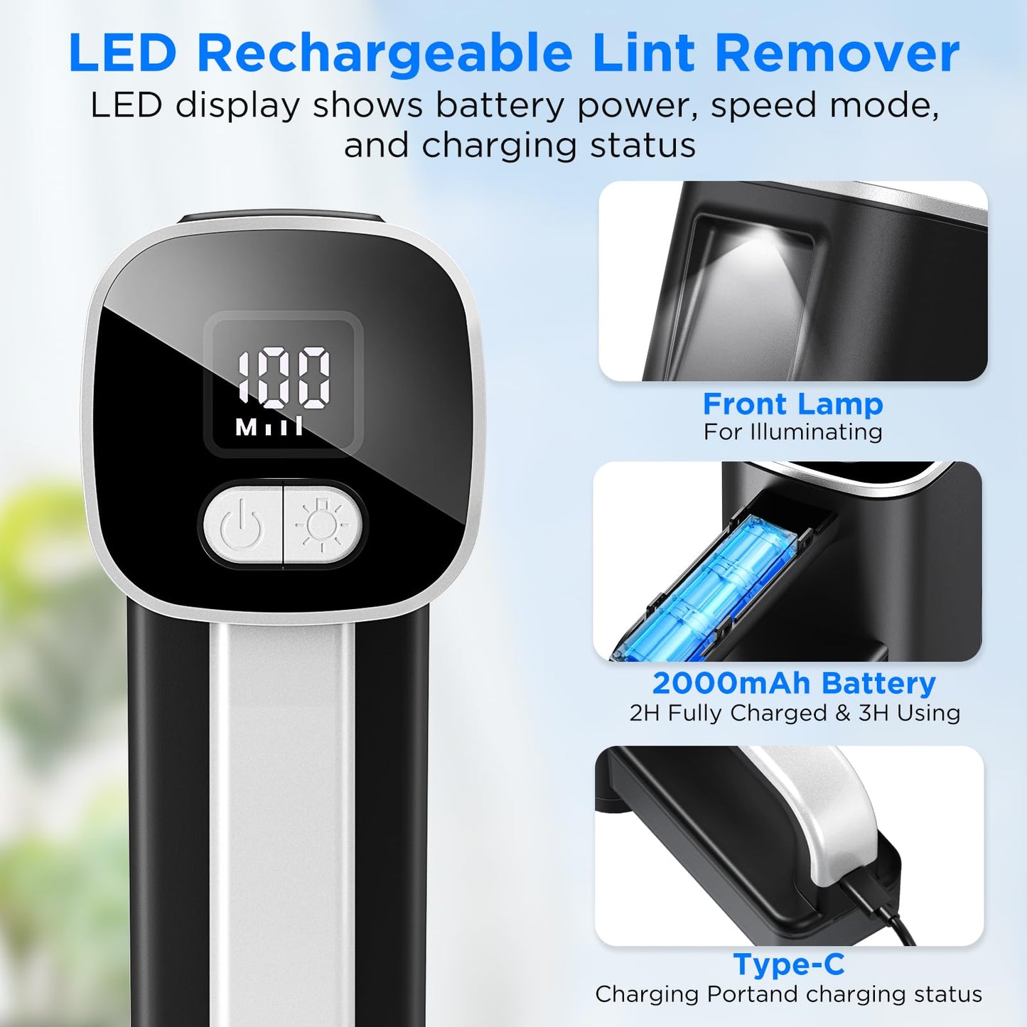 Electric Fabric Shaver, Lint Remover with 3 Adjustable Power Levels, 6-Blade Head, Type-C Rechargeable Defuzzer for Various Fabrics, LED Display and Light, Hairball Storage Container