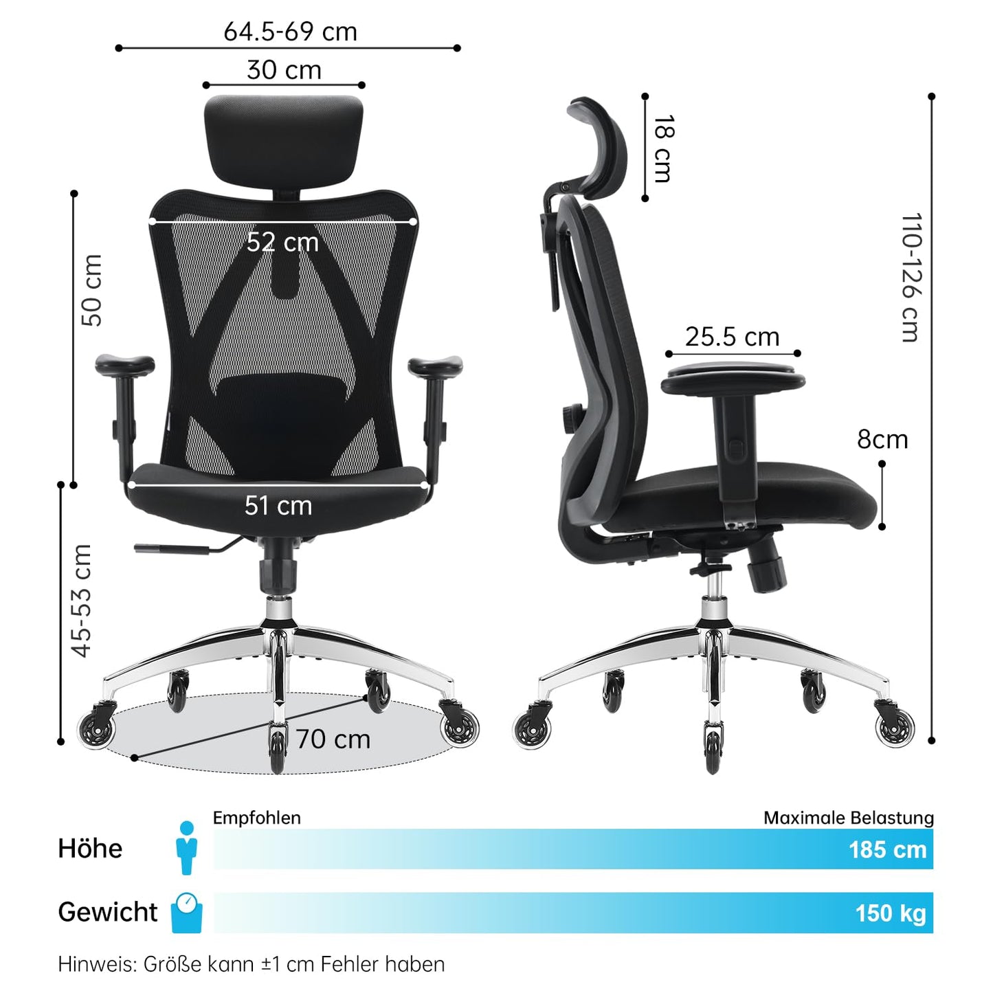 SIHOO ergonomic office chair features adjustable lumbar support, headrest, and armrests, height adjustment, rocking function, supports up to 150kg/330lb.
