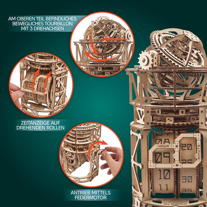 Ugears Sky Watcher Tourbillon Table Clock - 3D wooden puzzle adult watch model kit - Mechanical observatory building set with Tourbillon 3D Puzzle wood kit birthday gift - 338 pieces