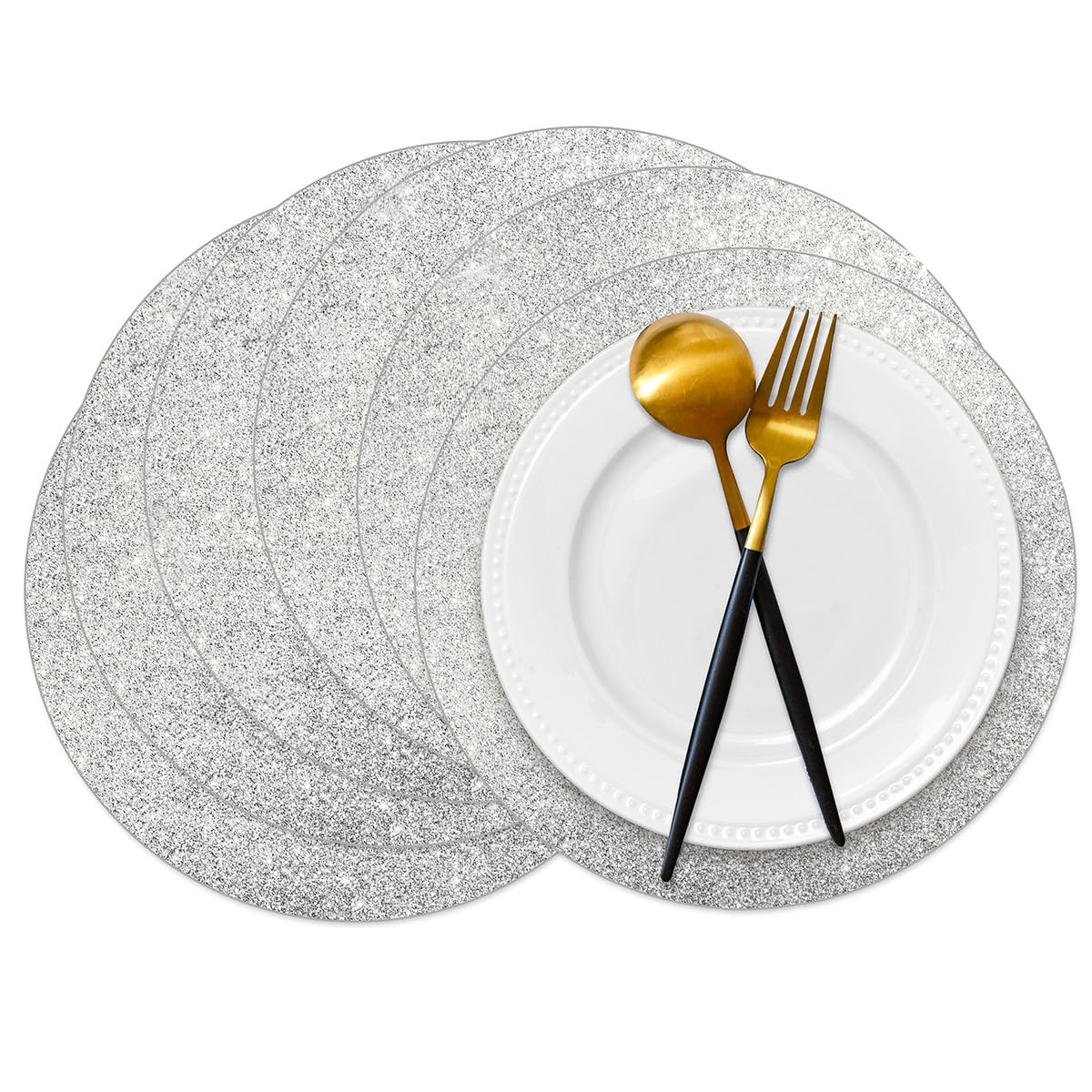 50 pieces silver glitter paper placemats, sparkling, round, disposable placemats, silver sequin doilies, decorative placemats for wedding, banquet, party, home, dinnerware