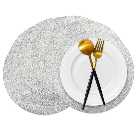 50 pieces silver glitter paper placemats, sparkling, round, disposable placemats, silver sequin doilies, decorative placemats for wedding, banquet, party, home, dinnerware