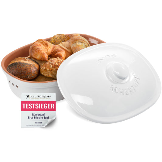 Roman pot bread pot white 6.5 liters - oval bread container made of natural ceramic with lid - for storing bread, rolls, fruit & vegetables - breathable & dishwasher safe.