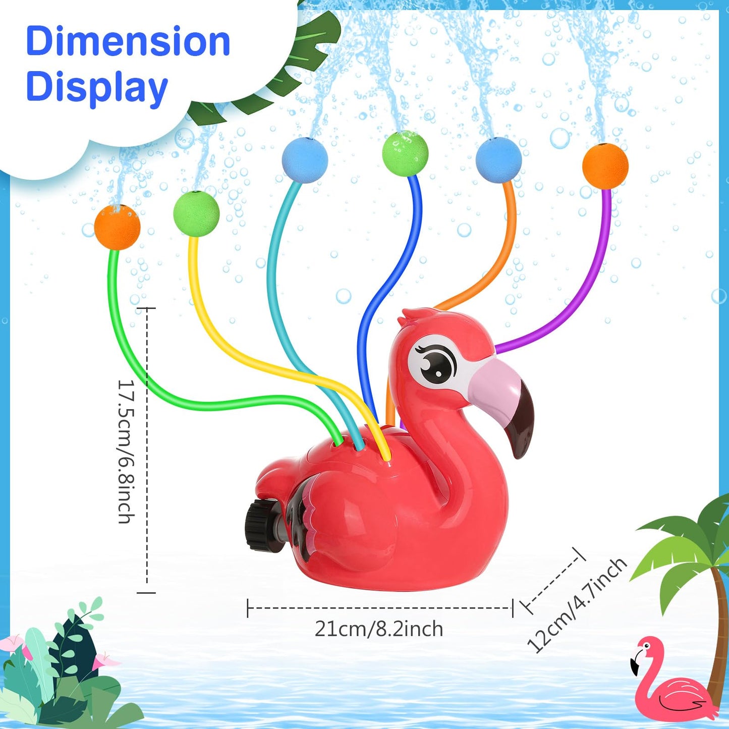 MoKo water sprinkler for kids, Flamingo outdoor water toy, pool toy with 6 hoses & 6 balls, summer fun water toy for garden, pool, pink flamingo.