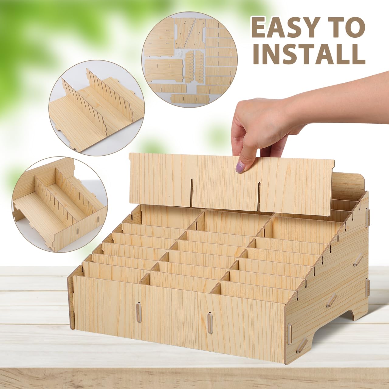 Gogogmee 30 compartment mobile phone storage wooden box organizer for desk cable management and display rack for office and school.