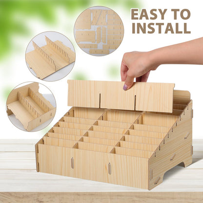 Gogogmee 30 compartment mobile phone storage wooden box organizer for desk cable management and display rack for office and school.