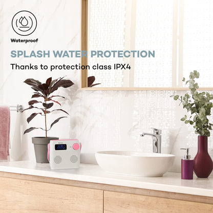 Auna Splash Shower Radio, DAB Radio, BT DAB+/FM IPX4, DAB+ Radio with USB port, headphone jack USB-C battery, digital radio, white-pink