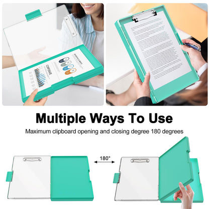 Piasoenc Clipboard with Storage, Clipboard with 2 Storage Boxes and A4 Paper Holder, clear, dry-erase surface, durable plastic, folio & side opening.