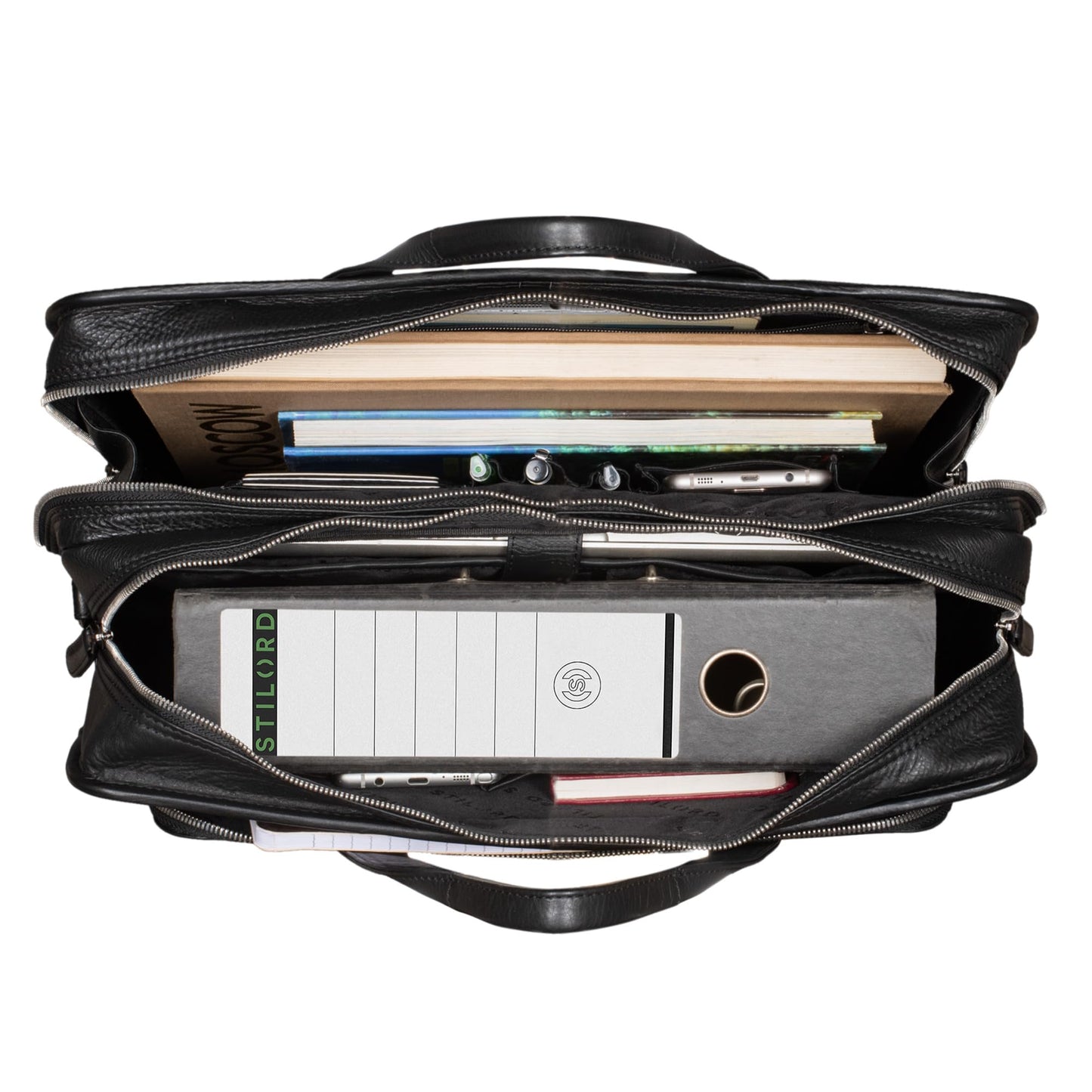 STILORD 'Yves' Briefcase Men Women Leather Business Bag Document Bag 15.6 Inch Laptop Bag Business Bag Teacher Bag Real Cowhide Leather, Color: Black