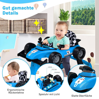 COSTWAY 4 in 1 walking aid, foldable walking cart with adjustable height & speed, car-shaped baby walker with music box, light & wheels, walker for babies from 6 months, load capacity 12kg (blue)