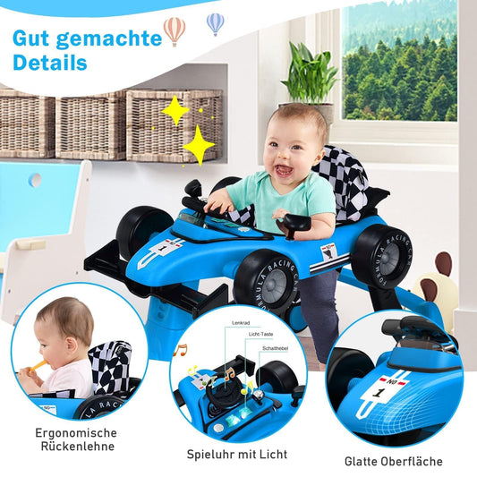 COSTWAY 4 in 1 walking aid, foldable walking cart with adjustable height & speed, car-shaped baby walker with music box, light & wheels, walker for babies from 6 months, load capacity 12kg (blue)