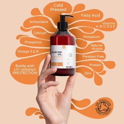 Almond Oil ORGANIC Pure, Cold Pressed, Natural. Cosmetic Massage Oil, Hair and Beard Oil, Body Oil, Anti-Wrinkle Facial Oil, Stretch Marks, Nails, Almond Oil Baby, Scalp Oil - 5000 ml