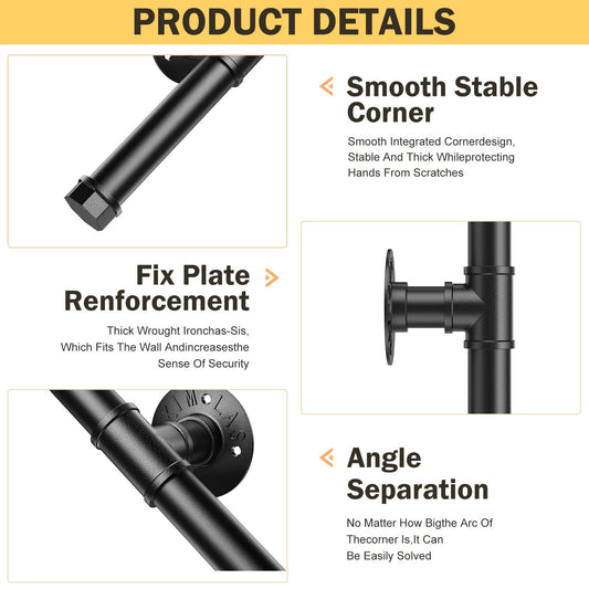 Handrail for stairs, Aomdom handrail staircase railing indoor and outdoor, black handrail with non-slip, stainless, industrial, galvanized steel tube for kitchen bathroom garden, 1.5M.