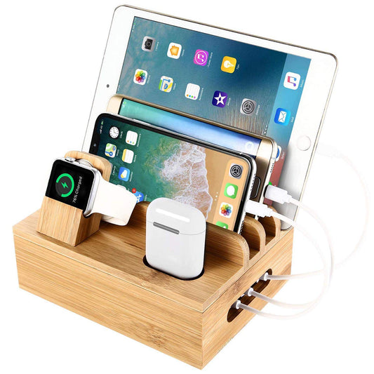 SETROVIC Bamboo Charging Station Docking Holder, Desktop Organizer for multiple device docks. Compatible with accessories for phone/tablet/Apple Watch/AirPods.