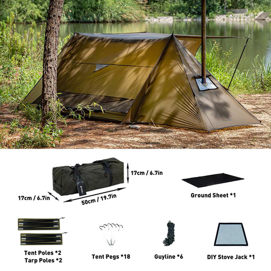 Camping Hot Tent with Stove Jack, POMOLY STOVEHUT 20 Shelter with two tarp poles and tent poles for 1-2 person hiking, hunting, backpacking.