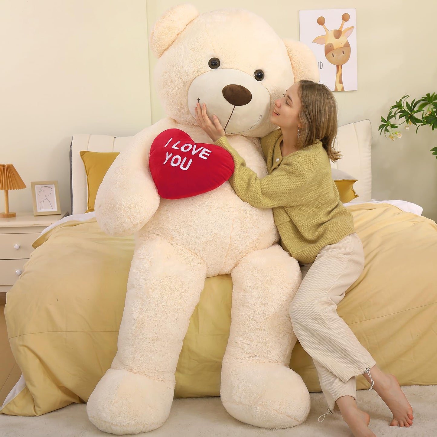 MorisMos 150cm giant Teddy bears with heart, beige large teddy bear XXL plush toy, cuddly plush bear XXXL, Valentine's Day birthday love gift partner wife mother children girlfriend