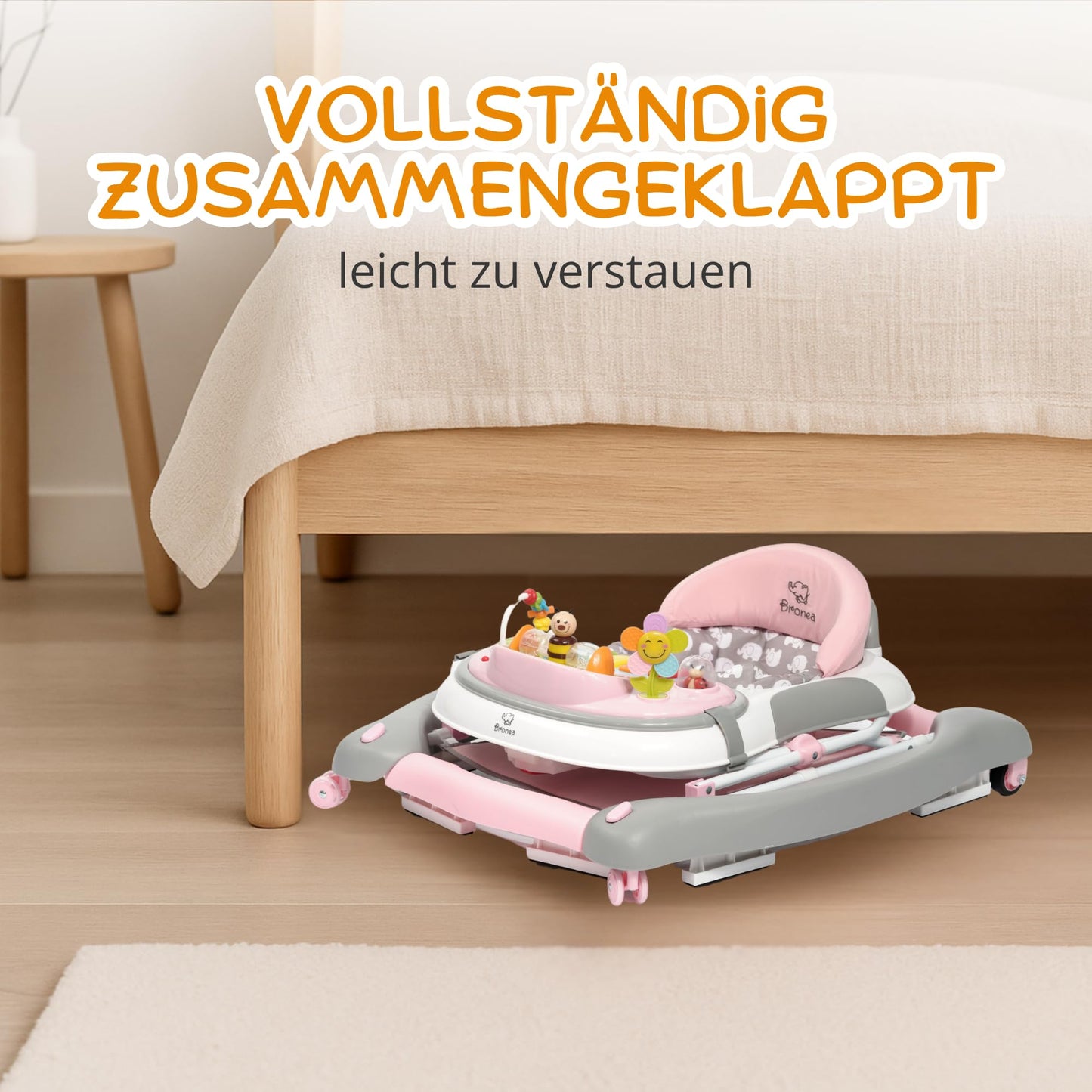 BRONEA® 4-in-1 Baby Walker for ages 6 months and up | Walker with rocking function and musical play panel | Adjustable height, foldable design | Features quiet wheels and brakes for safety