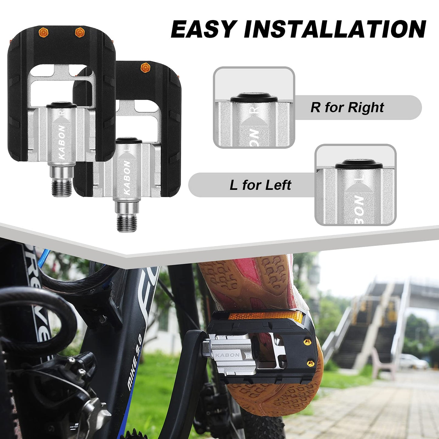 KABON foldable bike pedals anti-slip bike pedal set with reflectors waterproof bike pedals suitable for all bike types 9/16" (Black)