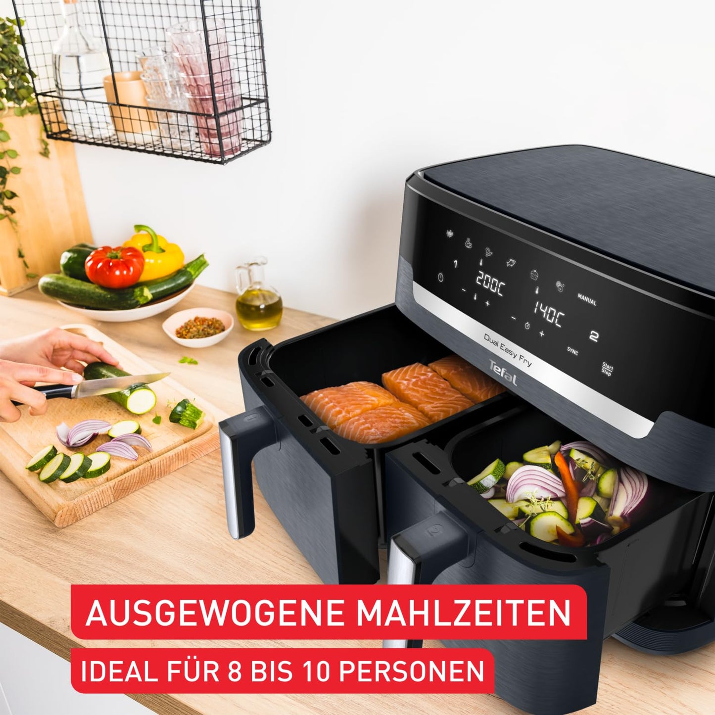 Tefal Dual Easy Fry XXL double-chamber hot air fryer, 11 liter capacity, 6.5L drawer and 4.5L drawer, no additional oil needed, 7 programs, dishwasher safe, grey, EY942BE0