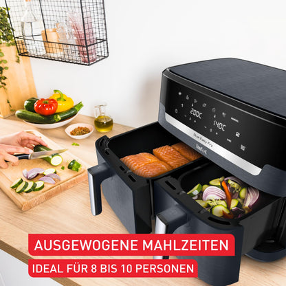 Tefal Dual Easy Fry XXL double-chamber hot air fryer, 11 liter capacity, 6.5L drawer and 4.5L drawer, no additional oil needed, 7 programs, dishwasher safe, grey, EY942BE0