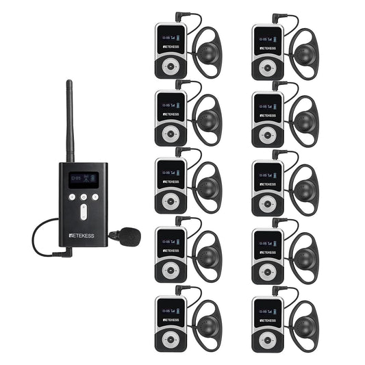 Retekess T130S (T130 2rd) Wireless Tour Guide System, Wireless Tour Guide System, D-Headphones, 100m, Interpreter Equipment for Tourism, Factory Tours, School (1 Transmitter, 10 Receivers)