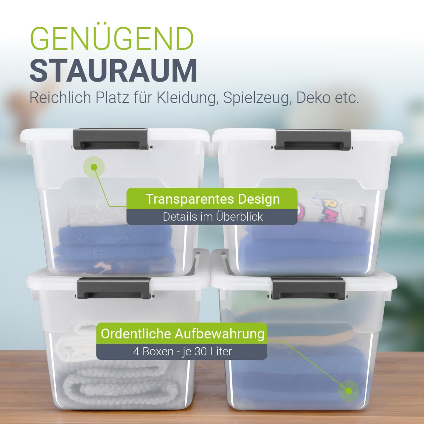Juskys storage box with lid - 4-piece set plastic boxes 30l - large box, stackable, transparent - storage organization system storage boxes