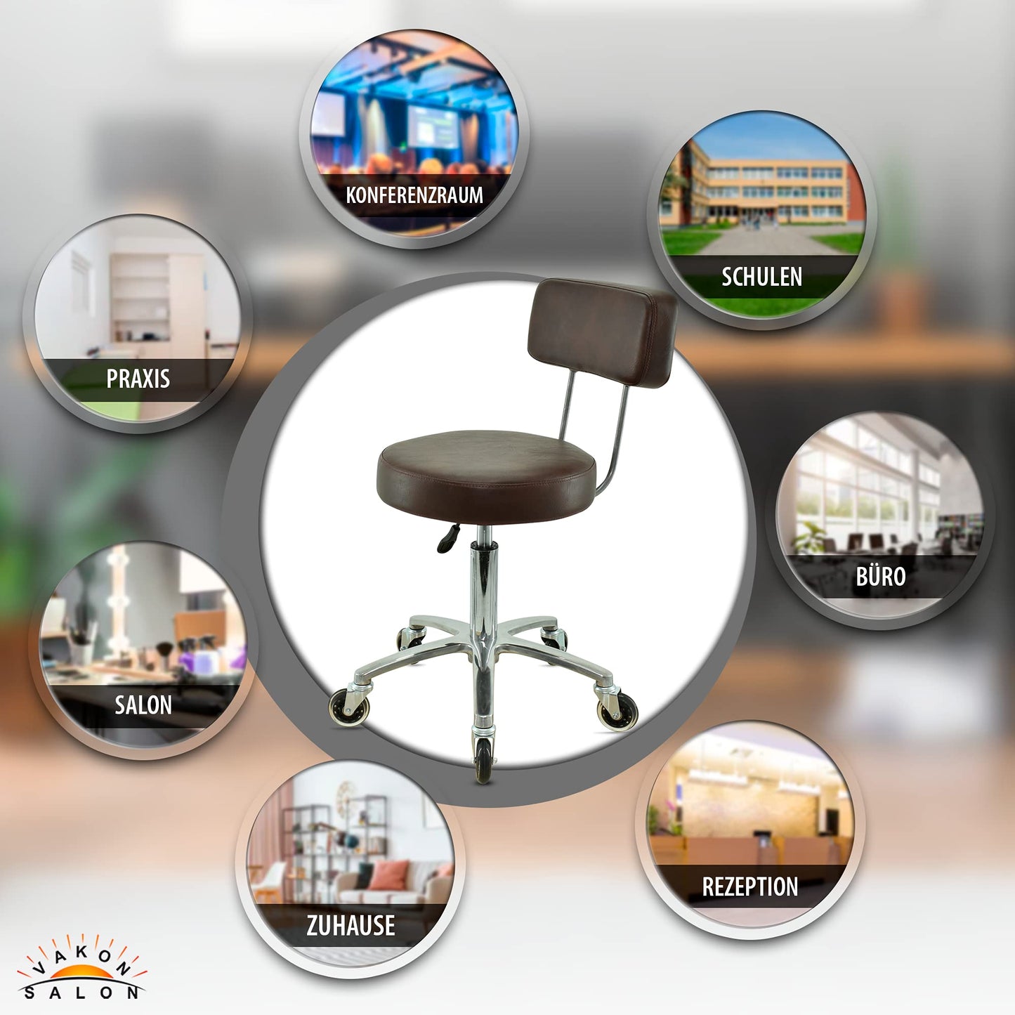 VAKON SALON - Premium rolling stool with backrest in brown - Adjustable height from 50 to 65 cm - Round seat - Swivel stool work stool practice stool.