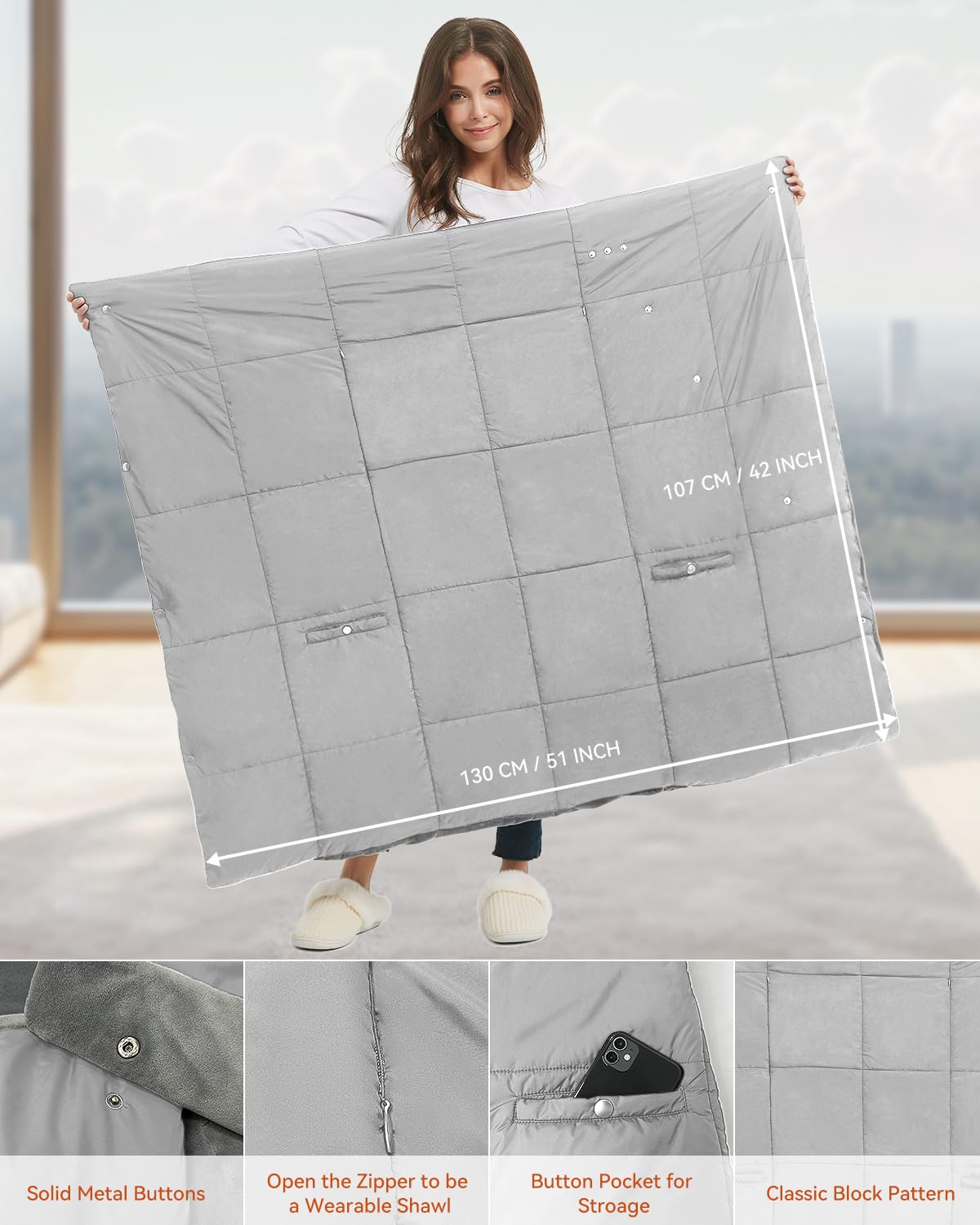 Wireless heated blanket with 7.4V battery for men and women, FERNIDA electric heating pad portable heated scarf for home, office, travel, hiking, Gray