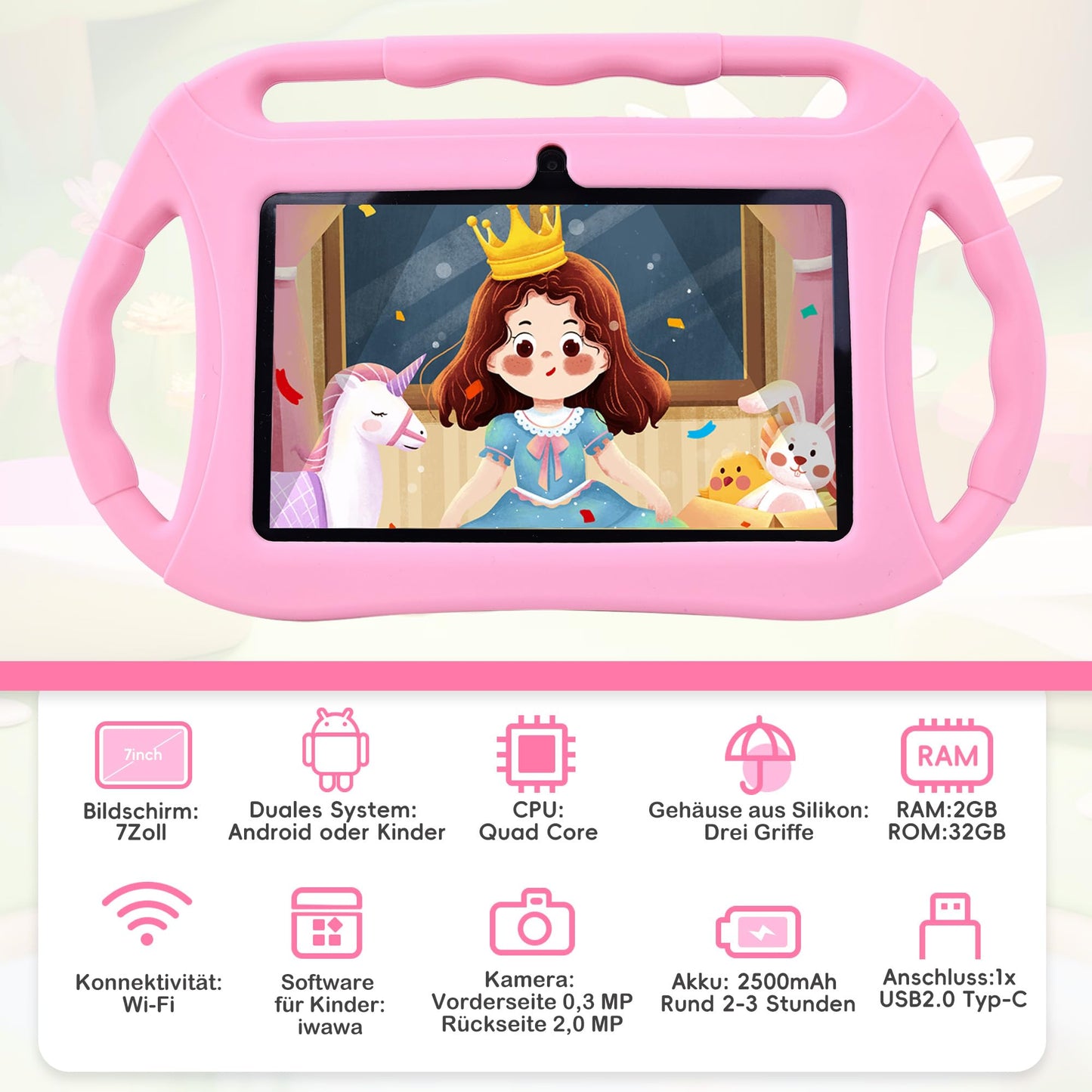 Veidoo Kids Tablet 7 Inch Android 32GB, WiFi, GMS, Dual Camera, Parental Control, Educational Learning Toddler Tablet with Silicone Case