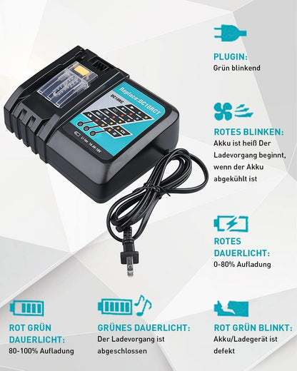 Replacement battery for Makita 18V BL1850B 5.5Ah with charger. Replacement for charger 18V DC18RC. Compatible with Makita 14.4V-18V BL1860 BL1850B BL1815 BL1430B BL1415 tool battery.