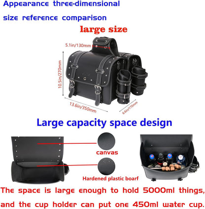 High-density leather motorcycle saddlebags, throw-over bags, luggage racks, side bags with drink holder, waterproof, side tool pouch, storage bag for motorcycle, universal, 1 pair, L, black.