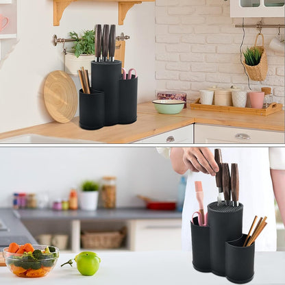3-slot knife block without knives, universal round knife block holder unfilled with utensil holder, empty knife block holds 12 8-inch knives, suitable for all kitchen knives.