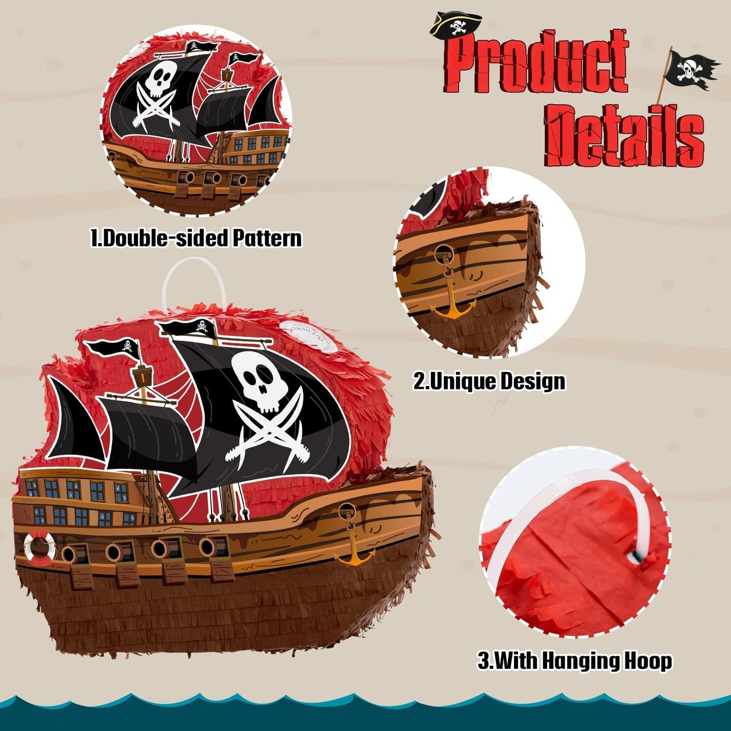 WERNNSAI Pirate Piñata - Pirate ship piñata with blindfold and bat for boys and kids Caribbean pirate party gifts for birthdays decorations family games pirate party supplies