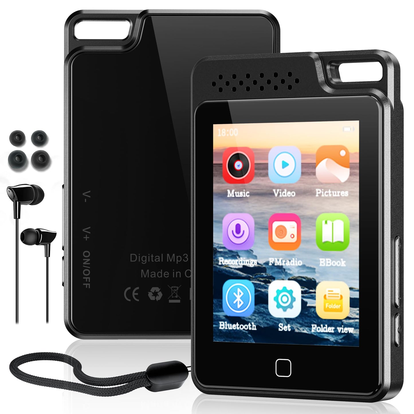 64GB MP3 player with Bluetooth 5.3, 2.4" full touchscreen, metal cover, portable with speaker, voice recording, FM radio, supports 128GB kids MP3 player.