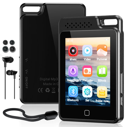 64GB MP3 player with Bluetooth 5.3, 2.4" full touchscreen, metal cover, portable with speaker, voice recording, FM radio, supports 128GB kids MP3 player.