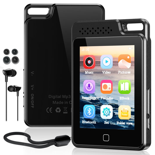 64GB MP3 player with Bluetooth 5.3, 2.4" full touchscreen, metal cover, portable with speaker, voice recording, FM radio, supports 128GB kids MP3 player.