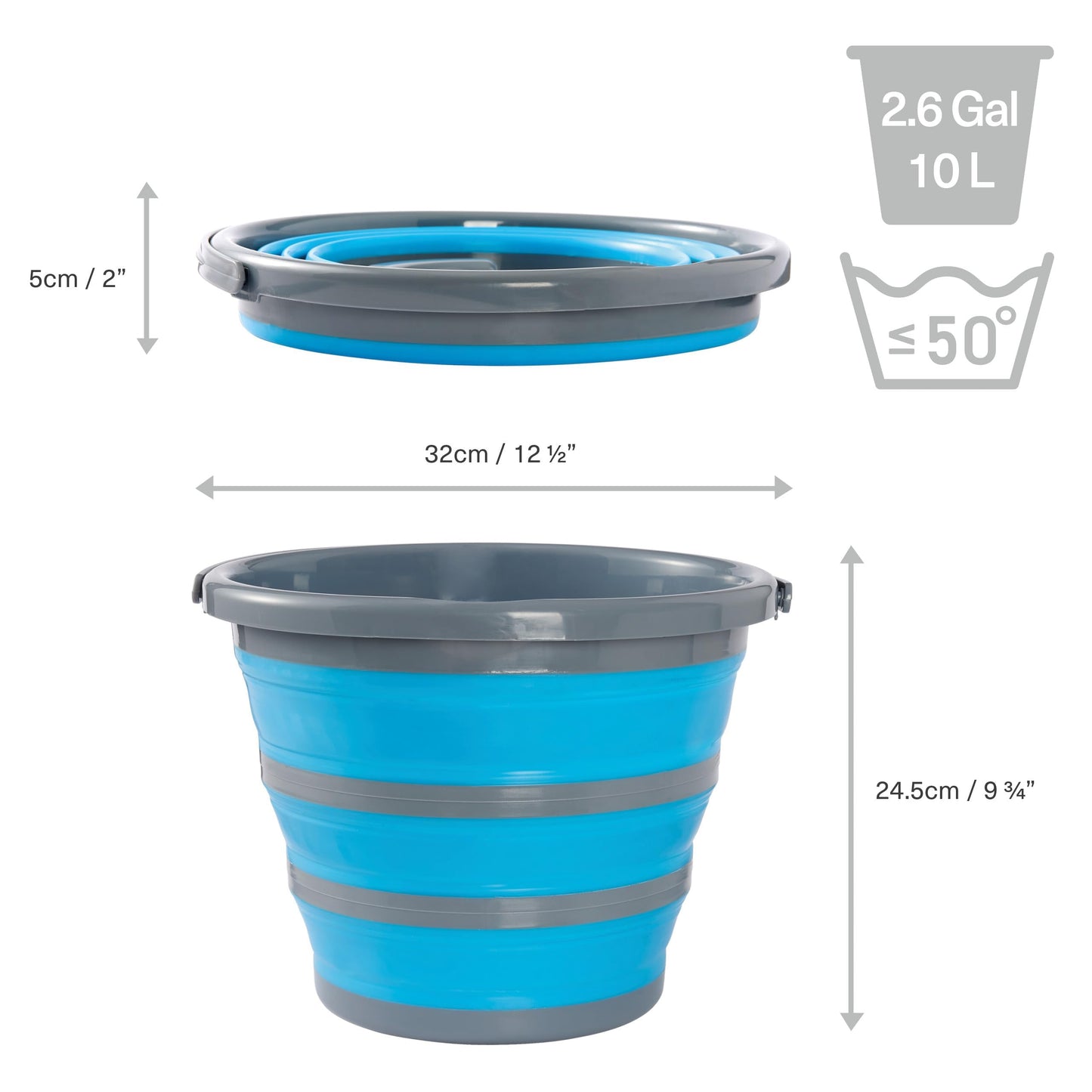 Bramble - 2 Foldable Silicone Buckets for Cleaning, Camping, Fishing, Traveling (10L) - Space-saving for Home & RV (Blue/Gray)