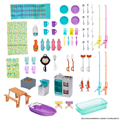Barbie 3-in-1 Super Adventure Camper with accessories, pool, convertible truck, boat, 60 camping accessories, doll, suitable as a gift for children 3 years and older, GHL93.