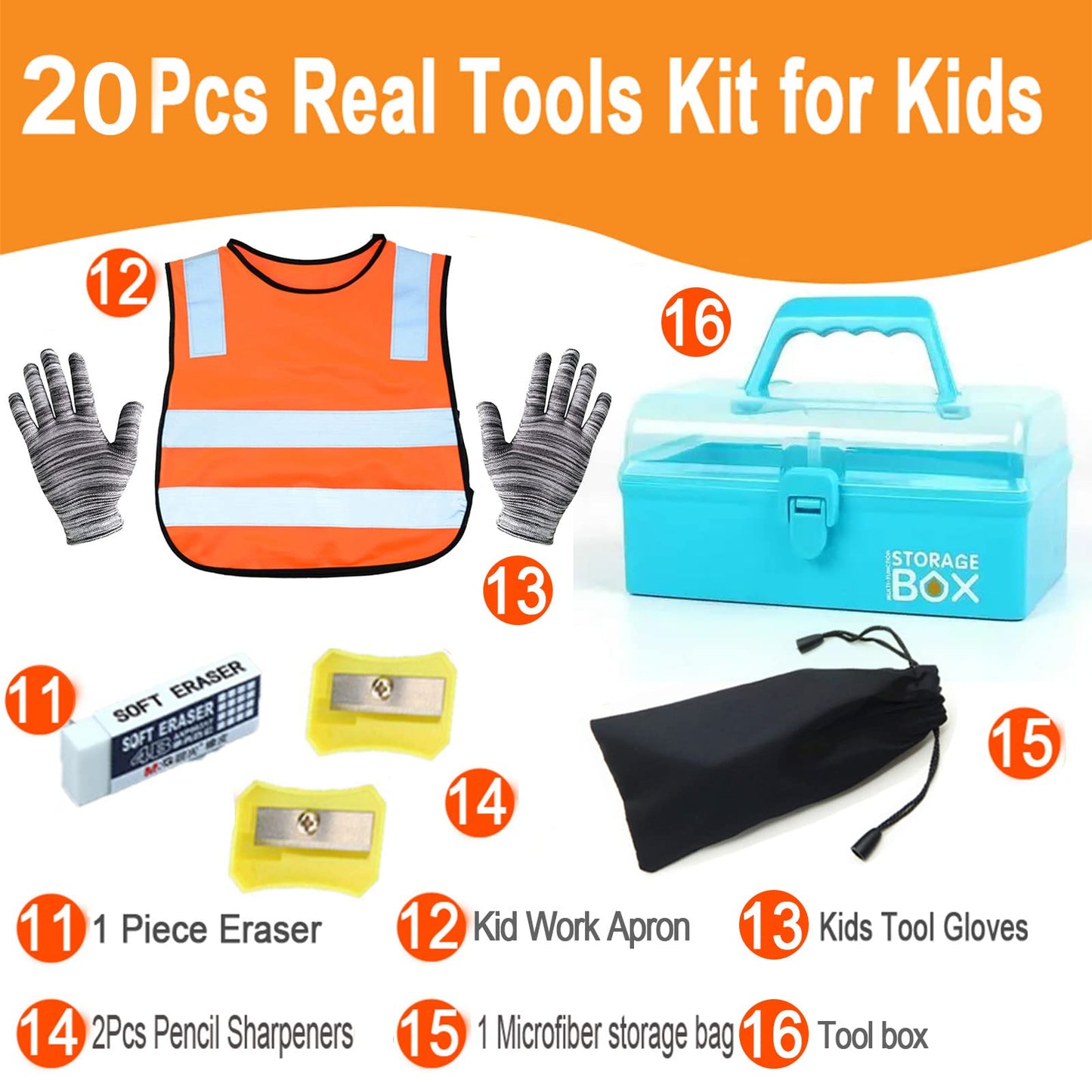 QeeHeng Real Tools for Kids - 20-piece construction tool set with blue toolbox and safety gear, woodworking tool set for beginners, educational gift